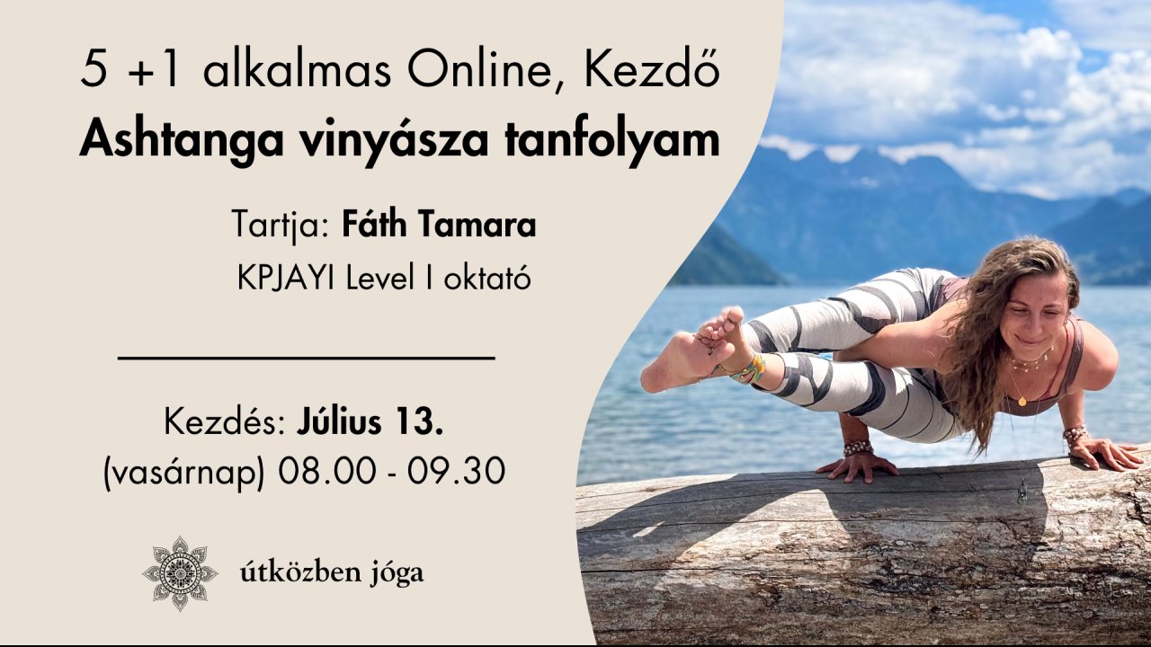 a tanfolyam címe a kreatívon és egy jógaoktató egy kartámaszos egyensúlyozós pózban